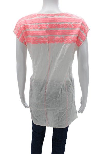 J Crew Women Aztec V Neck Tunic Blouse White Cotton Linen Sleeveless Size M