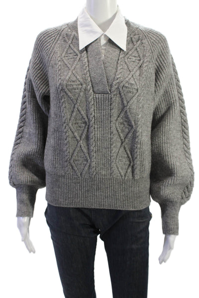 Avantlook Women Collared Argyle Pullover Linen Sweater Gray Long Sleeve Size L