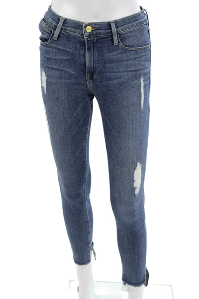 Frame Womens Skinny Ankle Jeans Dark Blue High Rise Button Size 25