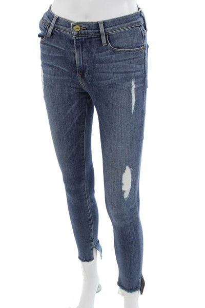 Frame Womens Skinny Ankle Jeans Dark Blue High Rise Button Size 25