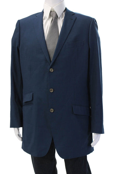 Indochino Mens 3 Piece Wool Suit Vest Blue Striped Button Collared Size 44
