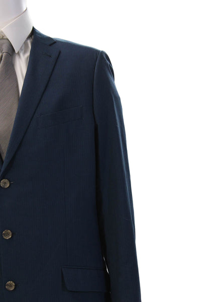 Indochino Mens 3 Piece Wool Suit Vest Blue Striped Button Collared Size 44