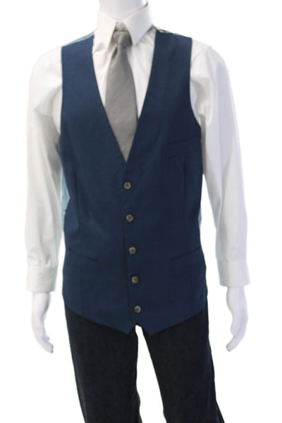 Indochino Mens 3 Piece Wool Suit Vest Blue Striped Button Collared Size 44