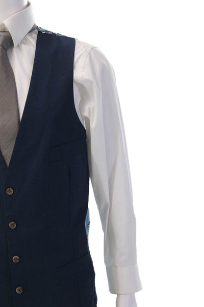 Indochino Mens 3 Piece Wool Suit Vest Blue Striped Button Collared Size 44
