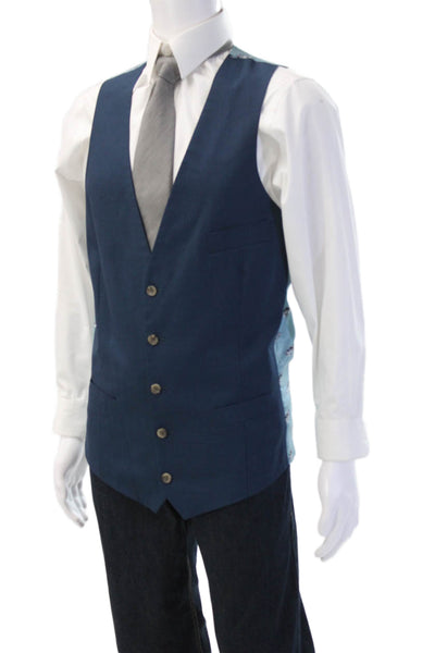 Indochino Mens 3 Piece Wool Suit Vest Blue Striped Button Collared Size 44