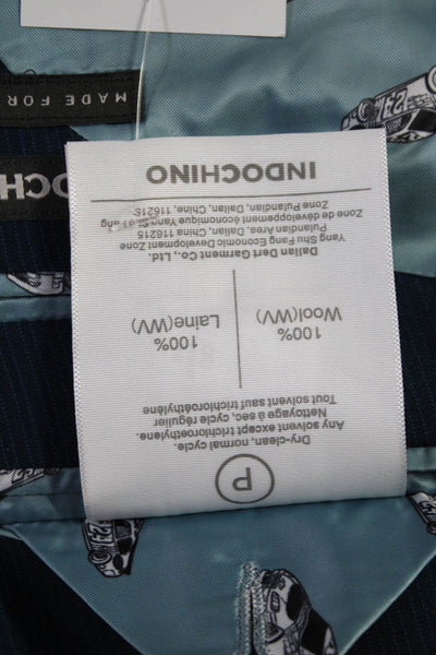 Indochino Mens 3 Piece Wool Suit Vest Blue Striped Button Collared Size 44