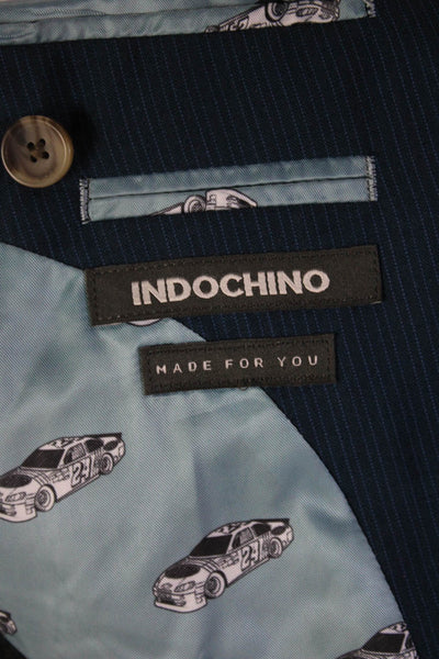 Indochino Mens 3 Piece Wool Suit Vest Blue Striped Button Collared Size 44