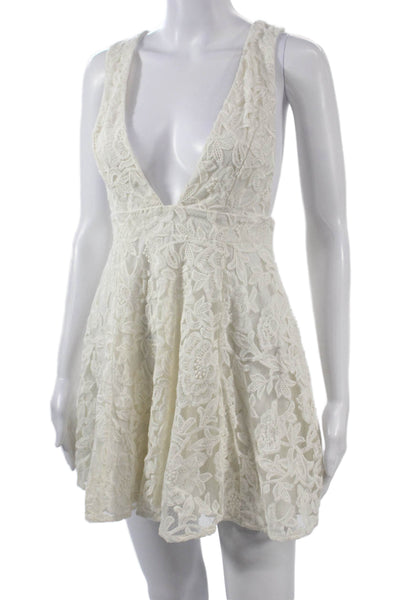 NBD Women Fit & Flare Mini White Floral Sleeveless V-Neck Dress Size XS