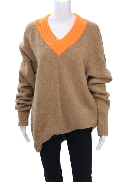 Tibi Womens Brown V-Neck Alpaca Pullover Sweater Long Sleeve Buckle Size M