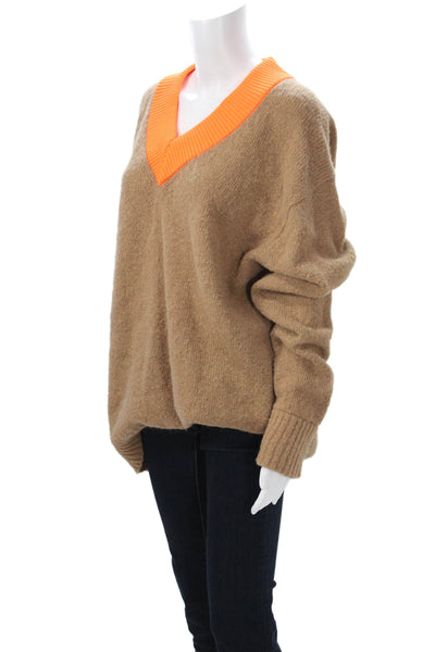 Tibi Womens Brown V-Neck Alpaca Pullover Sweater Long Sleeve Buckle Size M