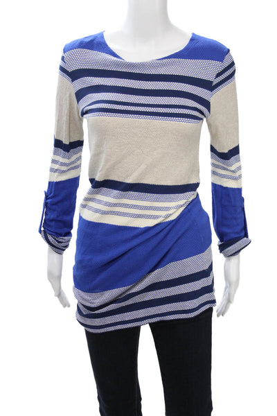 Melissa Odabash Womens Striped Beige Tunic Long Sleeve Round Neck Size M