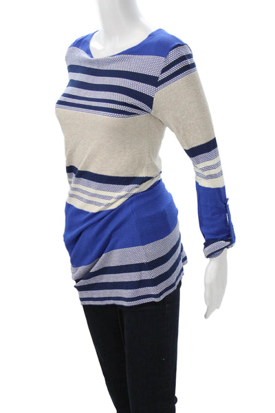 Melissa Odabash Womens Striped Beige Tunic Long Sleeve Round Neck Size M