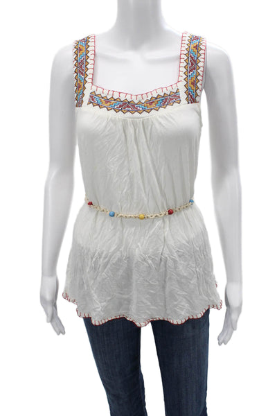 Mustard Seed Women White Aztec Square Neck Sleeveless Tunic Drawstring Size M