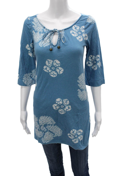 Juicy Couture Women Tunic Blue Floral 3/4 Sleeve Round Neck Pima Modal Size M