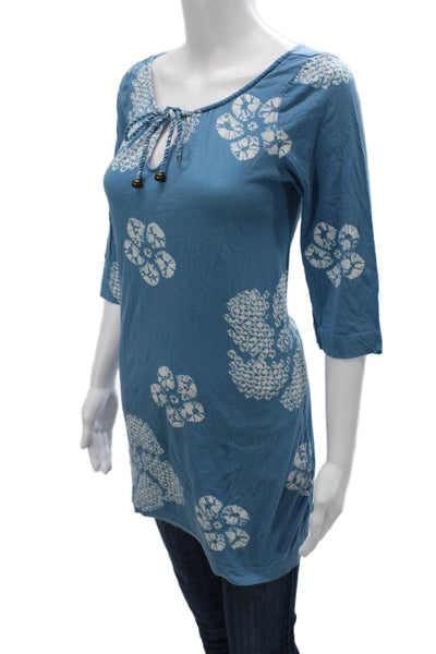 Juicy Couture Women Tunic Blue Floral 3/4 Sleeve Round Neck Pima Modal Size M