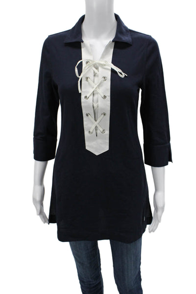Brooks Brothers Womens Cotton Tunic Polo Dark Blue 3/4 Sleeve Size S