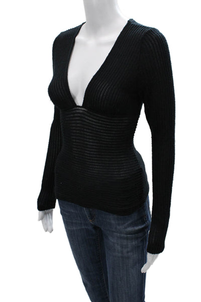 Intimately Free People Women Boho Black Striped V Neck Long Sleeve Top Size S