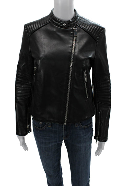 Zara Basic Womens Biker Jacket Black Vegan Leather Button Size M
