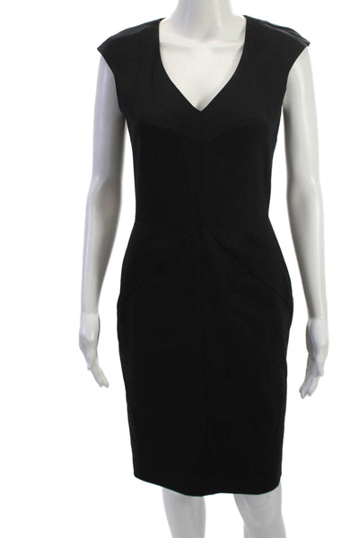 Boss Hugo Boss Women Sheath Dress Black V-Neck Zip Knee Poly Blend Size 4