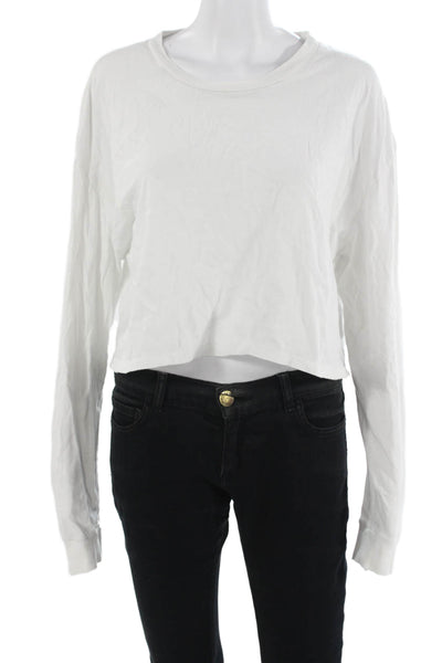 Reformation Women Cropped White Crew Neck Button Long Sleeve T-Shirt Size L