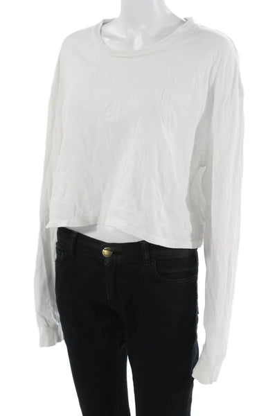 Reformation Women Cropped White Crew Neck Button Long Sleeve T-Shirt Size L