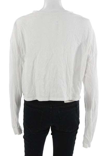 Reformation Women Cropped White Crew Neck Button Long Sleeve T-Shirt Size L