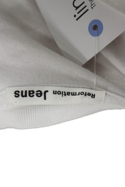 Reformation Women Cropped White Crew Neck Button Long Sleeve T-Shirt Size L