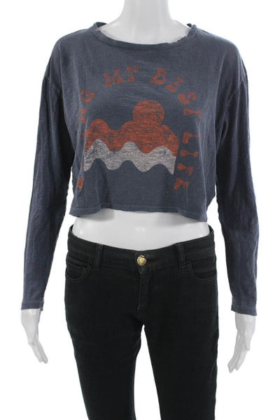 Sundry Womens Cropped Graphic Long Sleeve T-Shirt Dark Blue Pima Cotton Size XS