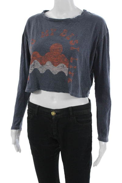 Sundry Womens Cropped Graphic Long Sleeve T-Shirt Dark Blue Pima Cotton Size XS