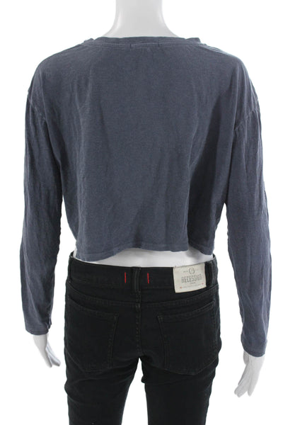 Sundry Womens Cropped Graphic Long Sleeve T-Shirt Dark Blue Pima Cotton Size XS