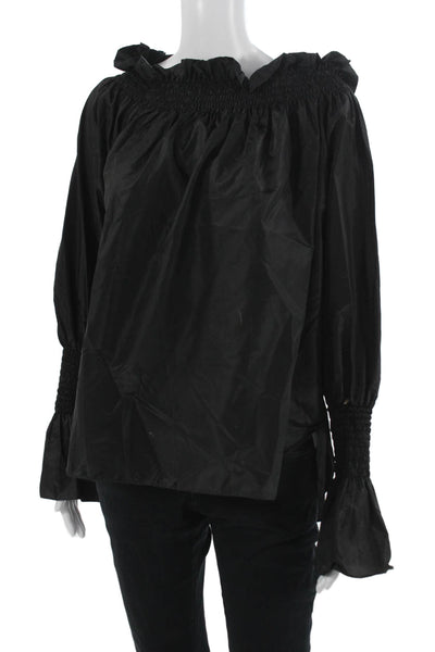 Adam Lippes Women Black Polyester Long Sleeve Solid Designer Blouse Size S