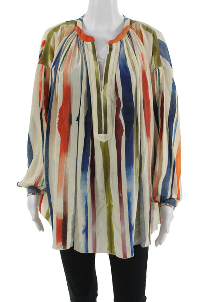 Sonia Rykiel Women Tunic Beige Striped Silk Long Sleeve Size 36