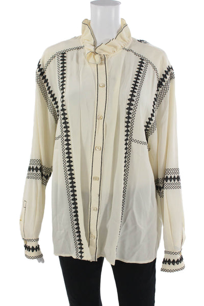 Derek Lam Women Silk Geometric High Neck Button Up Blouse Beige Size 10