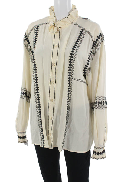 Derek Lam Women Silk Geometric High Neck Button Up Blouse Beige Size 10