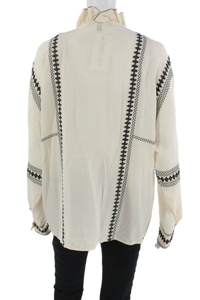 Derek Lam Women Silk Geometric High Neck Button Up Blouse Beige Size 10