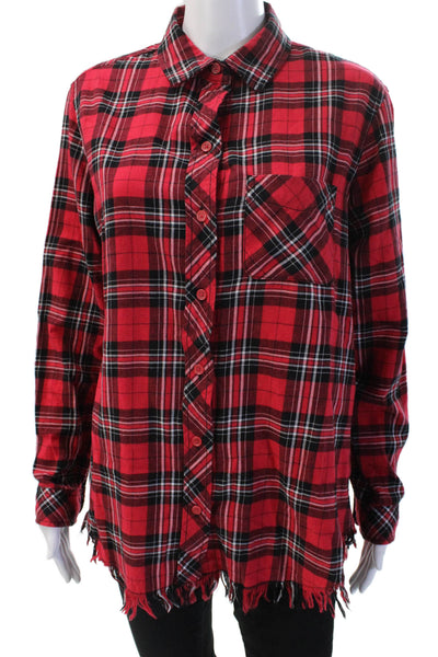 Beach Lunch Lounge Women Red Plaid Tunic Buttonup Long Sleeve Size M