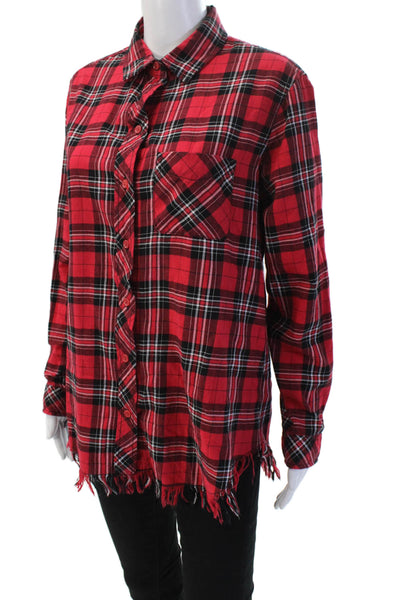 Beach Lunch Lounge Women Red Plaid Tunic Buttonup Long Sleeve Size M