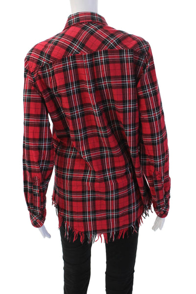 Beach Lunch Lounge Women Red Plaid Tunic Buttonup Long Sleeve Size M