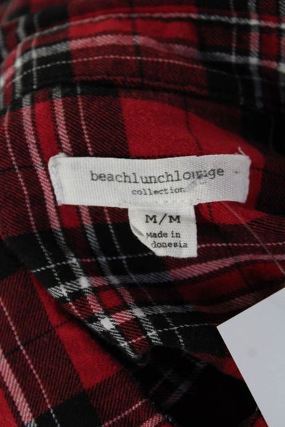 Beach Lunch Lounge Women Red Plaid Tunic Buttonup Long Sleeve Size M