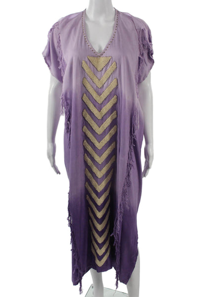 Skemo Womens Kaftan Maxi Dress Purple Geometric Rayon Beach V-Neck Size XS