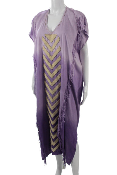 Skemo Womens Kaftan Maxi Dress Purple Geometric Rayon Beach V-Neck Size XS
