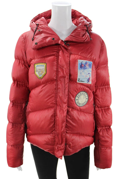 Post Card Women Puffer Quilted Jacket Red Button High Neck Long Sleeve Size 44