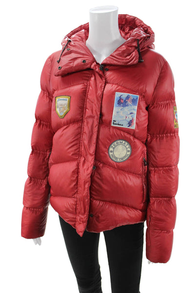 Post Card Women Puffer Quilted Jacket Red Button High Neck Long Sleeve Size 44
