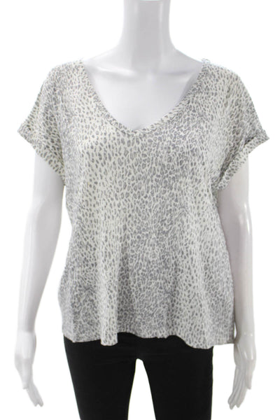 Joie Women Leopard Print Linen V-Neck T-Shirt White Short Sleeve Size S