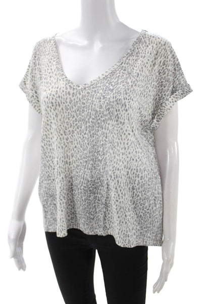 Joie Women Leopard Print Linen V-Neck T-Shirt White Short Sleeve Size S