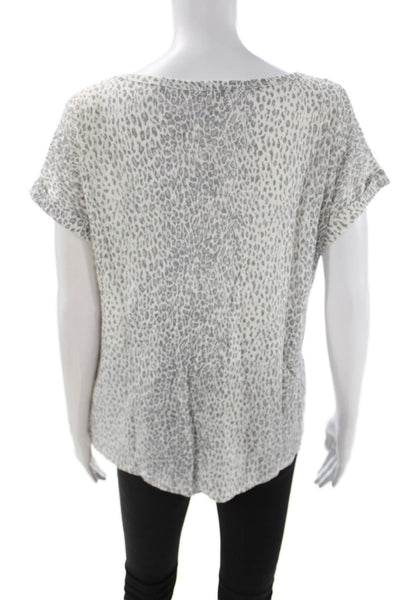 Joie Women Leopard Print Linen V-Neck T-Shirt White Short Sleeve Size S