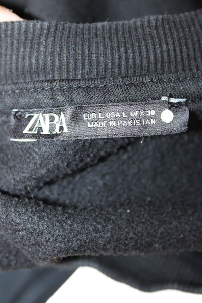Zara Women Pullover Sweatshirt Black Cotton Blend Crew Neck Long Sleeve Size L