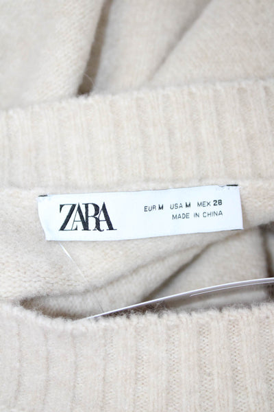 Zara Womens Beige Wool Blend Crew Neck Pullover Long Sleeve Size M