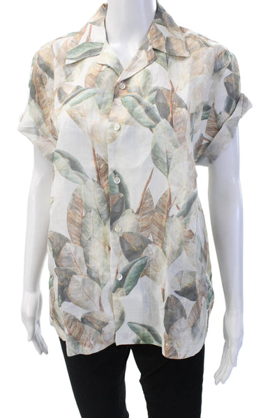 Something Navy Womens Floral Short Sleeve Button-Up Beige Ramie Size S