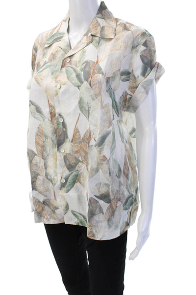 Something Navy Womens Floral Short Sleeve Button-Up Beige Ramie Size S